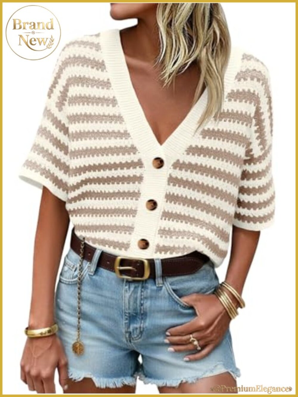 Womens Striped Short Sleeve Cardigan Button Up Crochet Knit Sweater